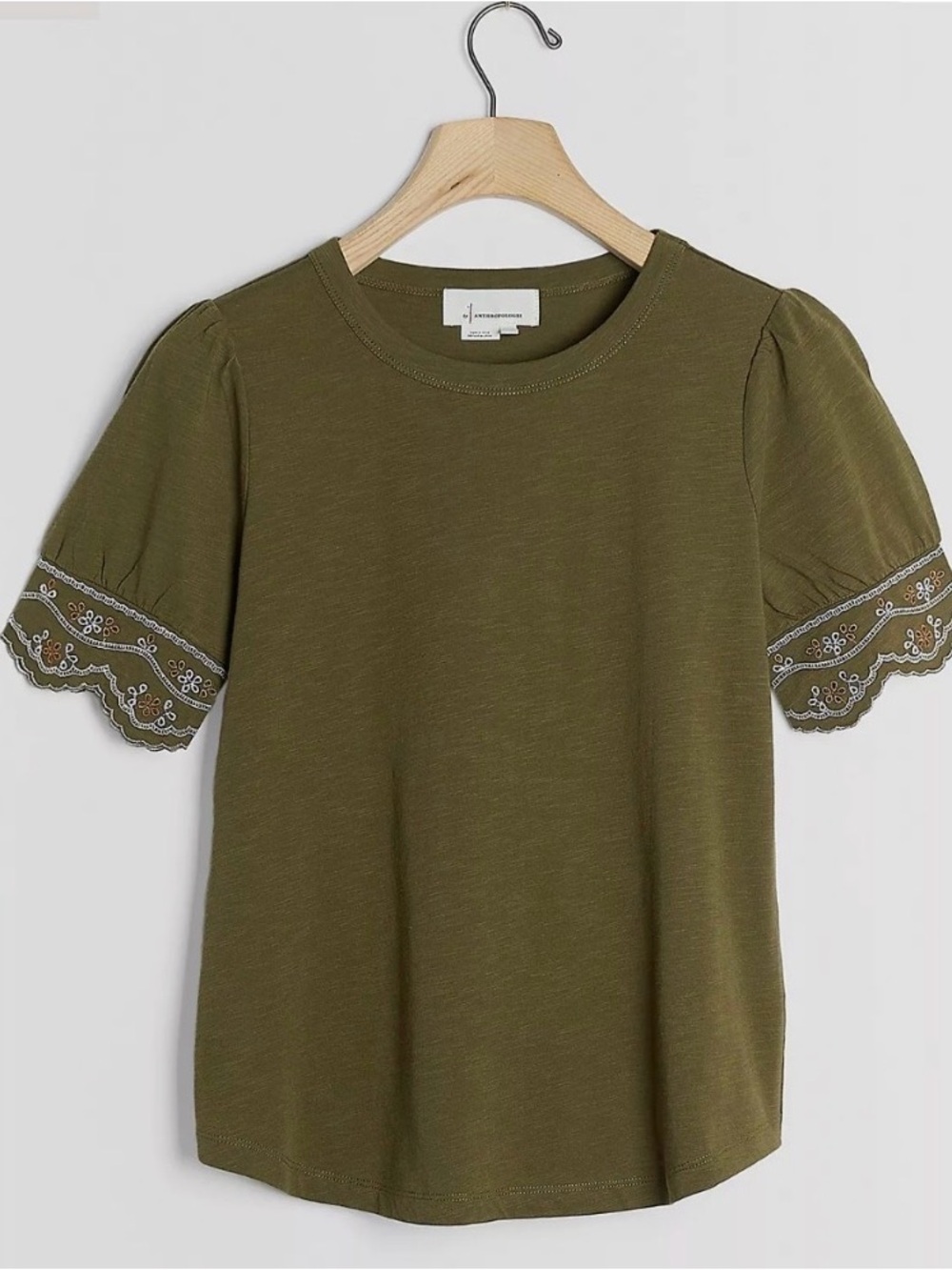 NWT Anthropologie Olive Green Puff Sleeve Cotton Embroidered Eyelet Knit Top T S